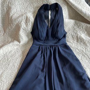 Bill Levkoff navy blue chiffon v-/halter neck, sheer back, dress, sz. 6